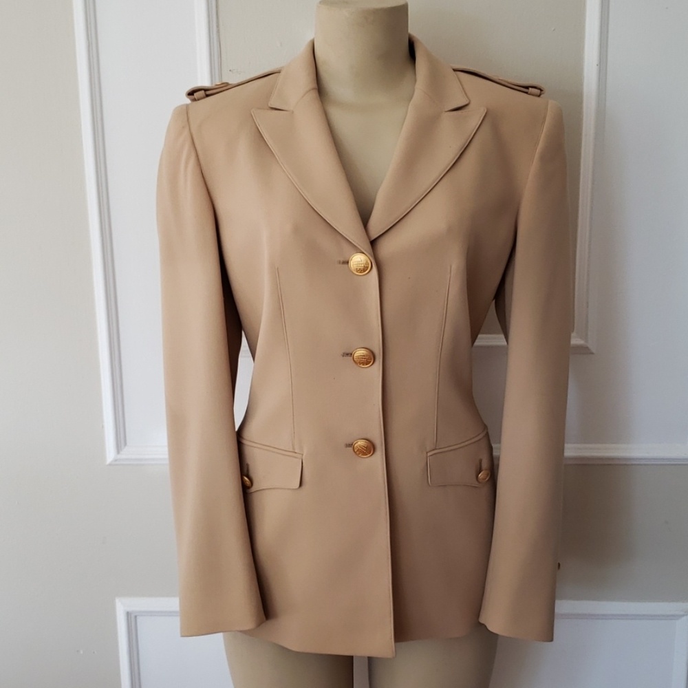 Vintage ESCADA Wool Blend Blazer Khaki Beige Gold Buttons EquestrianSize 36